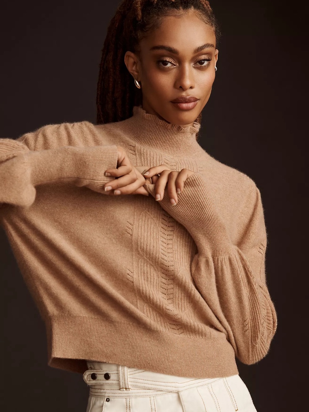 Anthropologie Cashmere Ruffle Sweater in Tan Size L